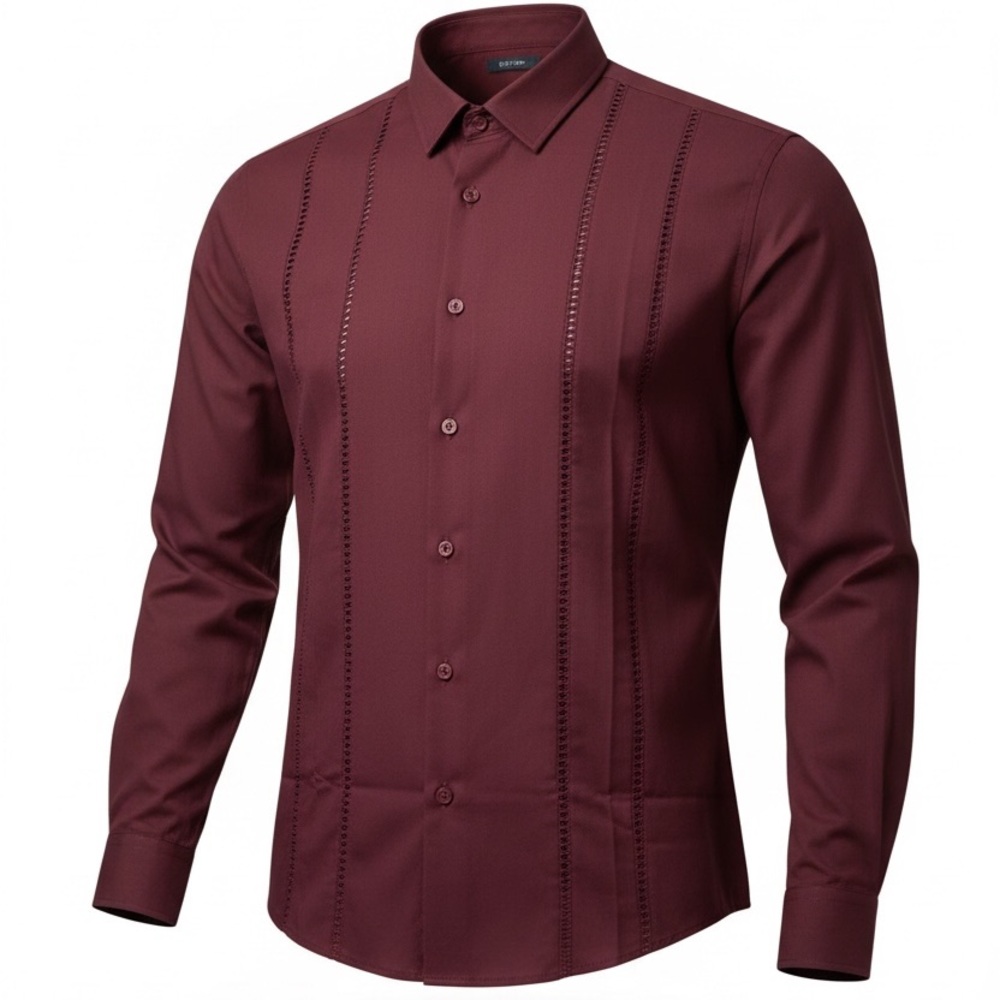 🆕LETSEE Men's Cuban Guayabera Shirt L burgundy